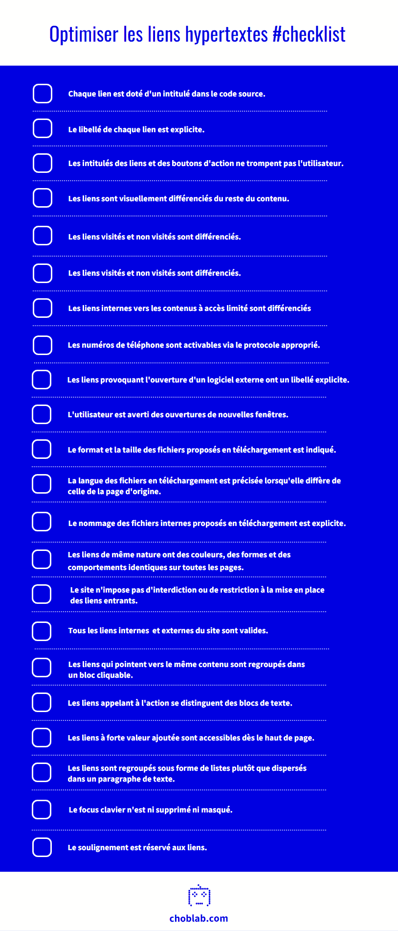 Checklist des bonnes pratiques pour optimiser les liens hypertextes #UX - by choblab [Infographie]